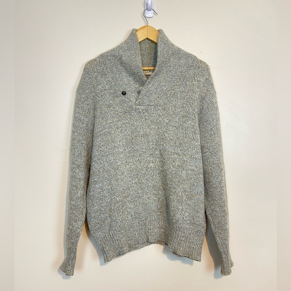 Vintage LL Bean Sweater Mens Medium Beige Wool Shawl Collar Outdoors Made in USA